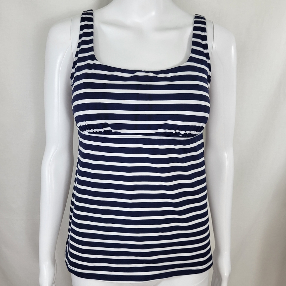 Lands End Swim TANKINI TOP Womens Size 8 Navy Blue White Stripe Underwire Padded